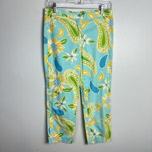 Lilly Pulitzer Vintage Crop Pants‎ Sz 2 Cotton Spandex Flower Paisley Print Blue